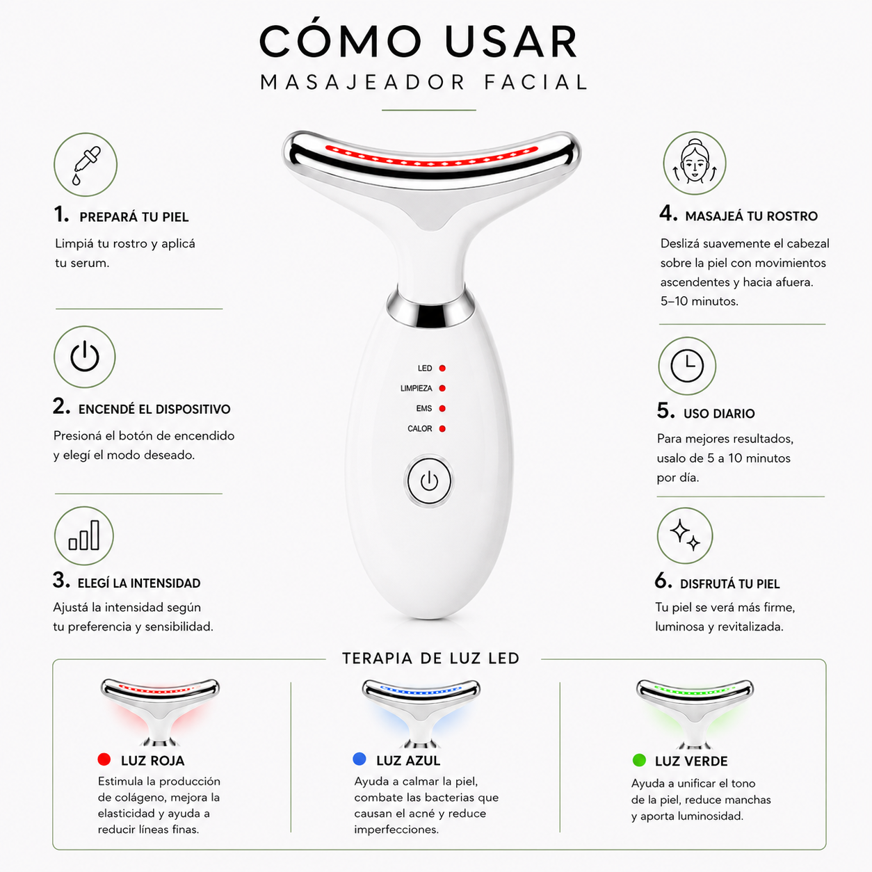 Masajeador Facial EMS Reafirmante Antiage para Papada, Rostro y Cuello